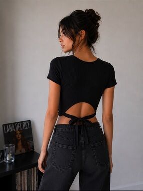 Garage Black Ribbed Short Sleeve Tee With Open Lower Back and Bow